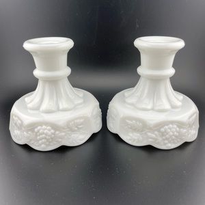 Vintage, White Milk Glass Candlestick Holders, Grape Leaf by Westmoreland
